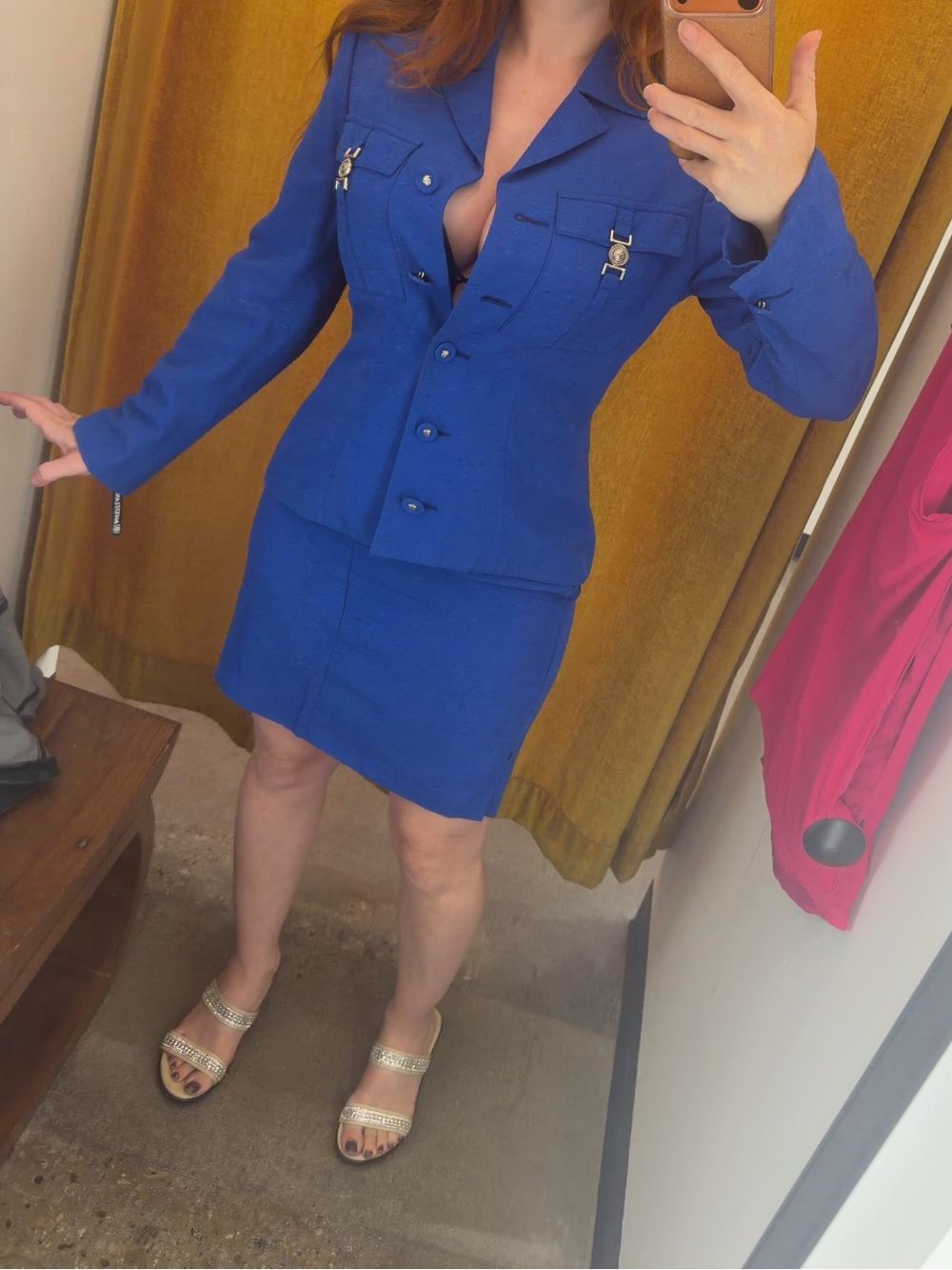 Vintage Versace Jeans Couture cobalt Medusa buckle skirt suit set size IT 42